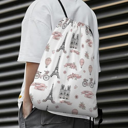 Theft Proof Drawstring Backpack Cinch Sack Water Resistant for Travel Camping Sports Equipment Men Women, Pink Paris Eiffel Tower And Balloon Bags - color: Picture (352)