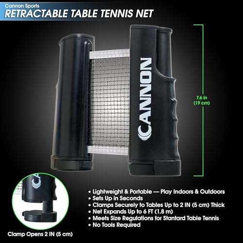 Cannon Sports Retractable Table Tennis Net – Clamp-On Portable Net for Any Table – Adjustable Length up to 6 Feet, Fits Tables up to 2 Inch Thick – Indoor & Outdoor Play