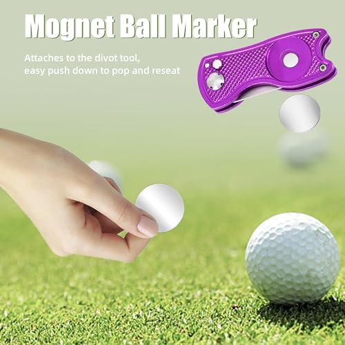 Mile High Life Golf Divot Repair Tool, All Metal Foldable Divot Tool with Pop-up Button & Magnetic Ball Marker, 2-6 Pack - color: 2 Pack (Black/Purple)