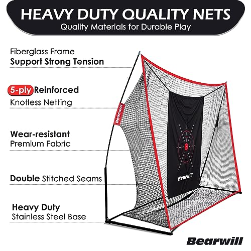 Bearwill Golf Net, 10x7ft Heavy Duty Golf Practice Nets with Mat, Target Cloth, 8 Tees, 6 Balls, Carry Bag for Backyard Driving Chipping Indoor Outdoor Training