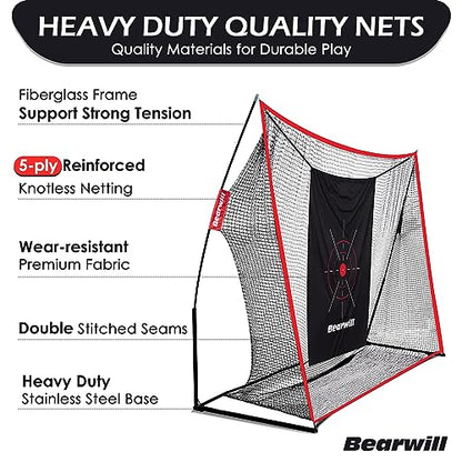 Bearwill Golf Net, 10x7ft Heavy Duty Golf Practice Nets with Mat, Target Cloth, 8 Tees, 6 Balls, Carry Bag for Backyard Driving Chipping Indoor Outdoor Training