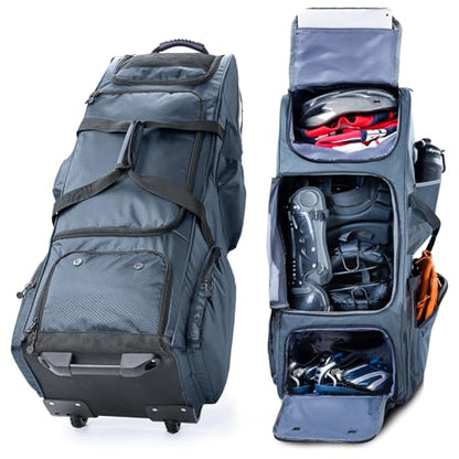 Large Rolling Baseball Catchers Gear Bag with Wheels, Softball Bag with Hard Backing for 4 Bats,Equipment Bag with Separate Shoe & Helmet Compartments, Youth Baseball Bag with 360° Spinner Wheels - color: Grey, size: Style B - Heavy-Duty Rolling Base