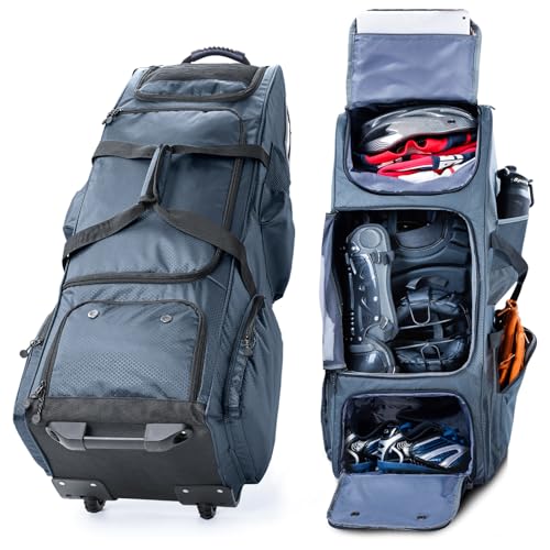 Large Rolling Baseball Catchers Gear Bag with Wheels, Softball Bag with Hard Backing for 4 Bats,Equipment Bag with Separate Shoe & Helmet Compartments, Youth Baseball Bag with 360° Spinner Wheels - color: Grey, size: Style B - Heavy-Duty Rolling Base