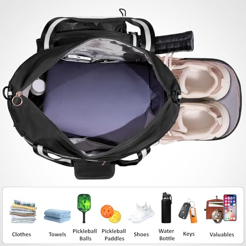 Pickleball Bag for Women Men,Pickleball Tote Bag with Shoe Compartment - color: Black