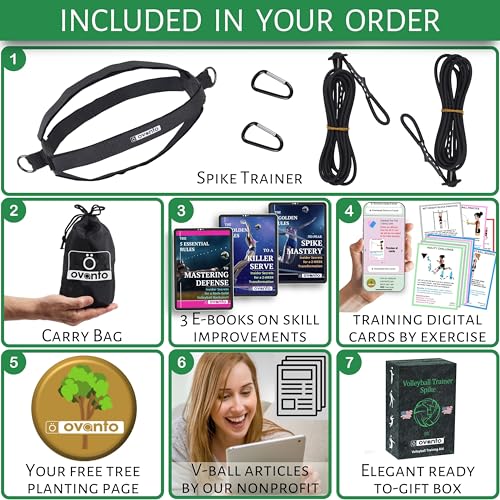OVANTO Volleyball Training Equipment Aid – Adjustable Practice Hitting Rebounder with Ultra-Stretch Neoprene, Exclusive Elastic Cords & Premium Content, Improve Power, Speed & Technique at All Levels