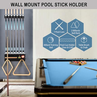 Pool Stick Holder Wall Mount for 7 Cues, Wooden Billiards Pool Cue Rack, Pool Cue Holder Pool Table Accessories Equipment Organizer, Pool Cue Rack Billiards Accessories for Game Room Men Cave- Black - size: Standard