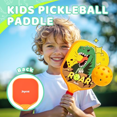Joycat Kids Pickleball Paddles Set of 2, Lightweight Plastic Cute Pickleball Paddles with Small Grip, 2 Pickleballs, 1 Drawstring Bag,Indoor Outdoor Sport Gift for Kids,Beginner - style: Dinosaur