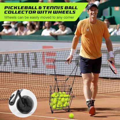ParseBio Portable Pickleball Tennis Ball Collector with Wheel, 90 Tennis Balls Capacity, Pickleball Retriever Basket Carrier Gatherer Picker Hopper Container