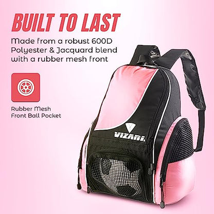 Vizari Solano Soccer Backpack With Ball Compartment and Vented Ball Pocket and Mesh Side Cargo Pockets for Adults and Teens - color: Pink