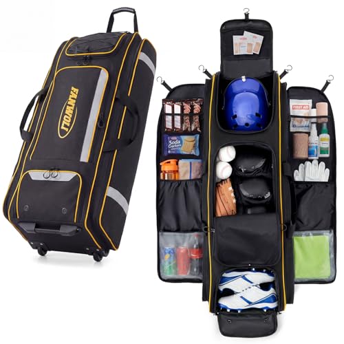 100L Rolling Catchers Gear Bag - Large Baseball & Softball Duffle with 5 Fence Hooks, Locker-Style Organizer, Holds 8 Bats, Vented Shoe Zone - Essential Pro Edition - color: Prime Black