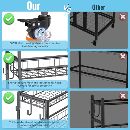 WUC Sports Equipment Garage Organizer - Garage Ball Storage Rack with Basket, Hooks and Rolling Cart for Sports Gear and Toy Storage, Grey