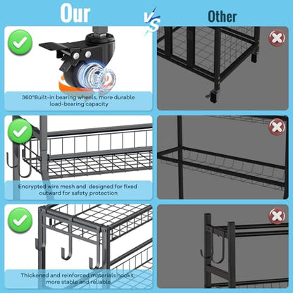 WUC Sports Equipment Garage Organizer - Garage Ball Storage Rack with Basket, Hooks and Rolling Cart for Sports Gear and Toy Storage, Grey