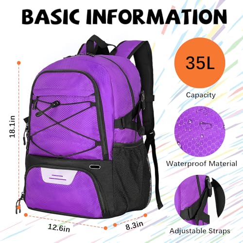 Goloni Basketball Backpack Bag,35L Basketball Bag with with Separate Ball & Shoe Compartments,Large Sports Bag for Basketball - color: purple