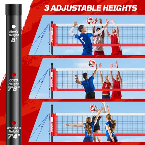 Haokelball Outdoor Volleyball Net Set for Backyard, 32FT Regulation, 3-Level Adjustable Height & Anti-Sag Tension System, Heavy Duty Thick Poles, Includes Volleyball, Pump, Boundary Line and Carry Bag - color: B-Red
