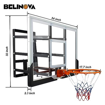 54" Basketball Hoop Wall Mount Adjustable-Height Backboard and Rim Indoor Outdoor Full Size Regulation Basketball Goal Wall Mounted for Gyms Garages Schools
