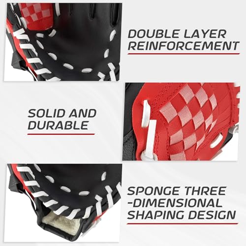 Baseball Glove + Ball Sets, Softball Glove, Baseball Mitt, 10.5''-12.5'' for Youth/Adult Training and Beginner Play, Synthetic Leather Softball Mitt - color: Black,Red, size: 10.5"