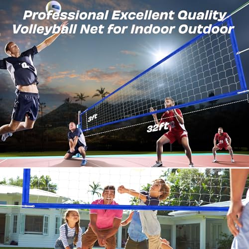 Professional Volleyball Net Outdoor Heavy Duty, All-Weather Durable,10 Grommets, Thickened Double-Sewing 600D Nylon Edges, Extended Aircraft Wire Rope, for Backyard Campus Beach Pool,32x3FT