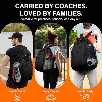 Fitdom Heavy Duty Small Mesh Equipment Ball Bag w/Adjustable Backpack Shoulder Strap Design for Coach. 3 Different Size Compartments. Perfect for Soccer Football Volleyball Basketball & Water Sports
