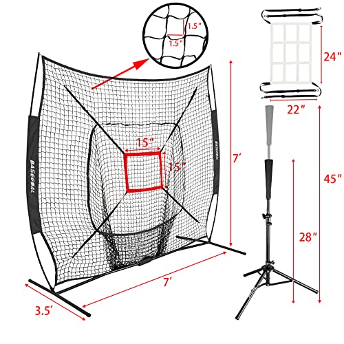BaseGoal 7'×7' Baseball Softball Practice Net,Baseball Backstop,with Batting Tee,for Hitting Pitching Batting Catching with Bow Frame,Bonus Strike Zone - style: Black-A