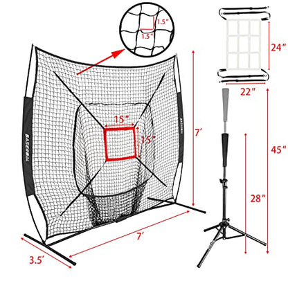 BaseGoal 7'×7' Baseball Softball Practice Net,Baseball Backstop,with Batting Tee,for Hitting Pitching Batting Catching with Bow Frame,Bonus Strike Zone - style: Black-A