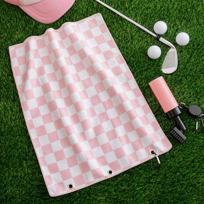 Liliful Pink and White Checkered Golf Towel Pink Cleaner Water Brush Set, Microfiber Waffle Towel Golf Accessories Kit Club Supplies for Birthday Valentine's Day Women Ladies Gifts