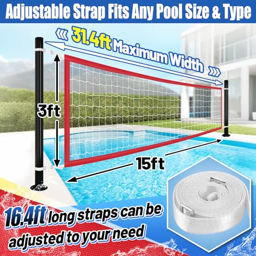 Durable PE Pool Volleyball Net Replacement - Adjustable 15-31.4Ft Width, 3Ft Height (Net Only) - color: Red