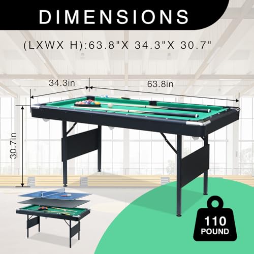 3 in 1 Pool Table Ping Pong Dining Table Combo,63.8 Foldable Billiard Tables/Table Tennis, Multi Game Table, with Billiard and Tennis Paddles Accessories