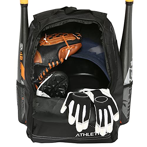 Athletico Youth Baseball Bag - Bat Backpack for Baseball, T-Ball & Softball Equipment & Gear | Holds Bat, Helmet, Glove | Fence Hook - color: Black