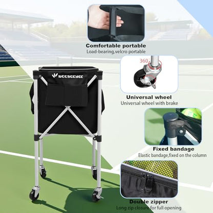 Sturdy Pickleball Tennis Ball Hopper - Foldable Lightweight Tennis Cart Holds 240 Tennis/180 Pickleballs with Removable Bag, Wheels, Side Pocket for Training/Teaching