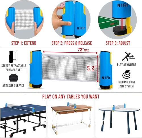 N1fit Ping Pong Paddle Set - 4 Professional Rackets, Retractable Net, 6 Pig Pong Balls, Carry Case - Indoor and Outdoor Table Tennis Play