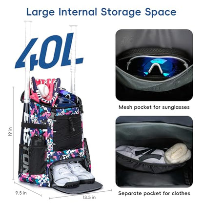 KAVIGOR Baseball Bag for Youth and Adult, Softball Backpack 40L Large Capacity, Bat Backpack with Shoes Compartment and Hidden Helmet Holder - color: Pink Camo