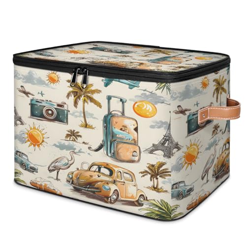 Palm Leaf Cars Storage Bins Storage Basket with Zipper Lid & Leather Handle Foldable Storage Box Storage Cube Bin Clothes Organizer for Clothes Books Storage Bins Decorative 10.4x14 In - color: Palm Leaf Cars