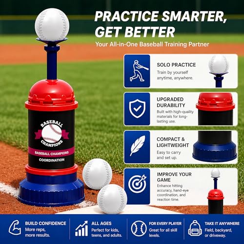 Pop Up Baseball Trainer Set for Kids, Backyard Fun, No Pitch Needed, Beginner Batting Practice Toy with Launcher, Bat, Balls & Carry Bag (Red) - color: Red