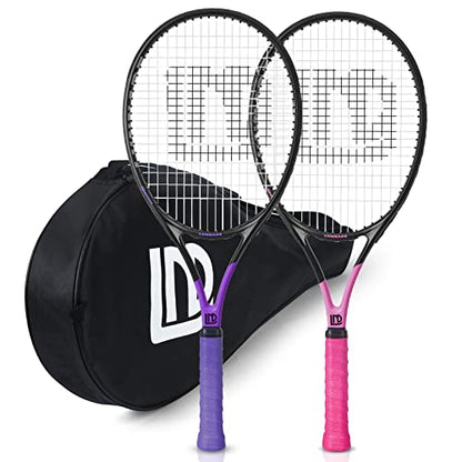 Adults Tennis Racket 2 Pack, Durable 27 Inch Coupled Tennis Racquet Light-Weight, Pre-Strung and Regrip, Suitable for Beginners to Intermediate Players - color: Purple+Pink