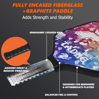 TADHG Pickleball Paddle Set 2 Lightweight 8.4oz Paddles with Honeycomb Core Spin-Friendly Surface 4 Balls - color: 04.Rainbow