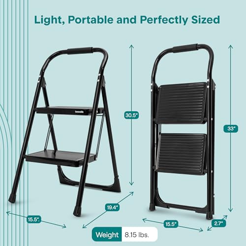 SereneLife 2-Step Ladder, Folding Step Stool for Adults, Wide Anti-Slip Pedal and Handrail, Sturdy Steel Build, 570 lbs Capacity, Portable Step Stool Ladder for Home and Office Use (Black) - size: 2 Step