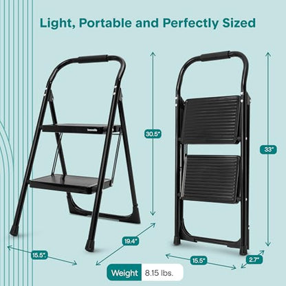 SereneLife 2-Step Ladder, Folding Step Stool for Adults, Wide Anti-Slip Pedal and Handrail, Sturdy Steel Build, 570 lbs Capacity, Portable Step Stool Ladder for Home and Office Use (Black) - size: 2 Step
