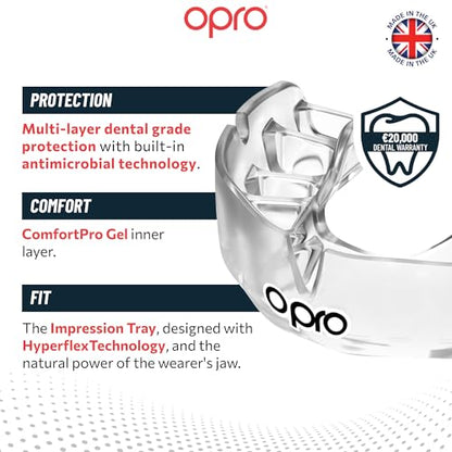 OPRO Instant Custom-Fit Mouthguard – Dentist Level Gum Shield Adult and Kids – OPRO Mouth Guard Boxing and MMA, Self-Fit Gum Shield Rugby – Maximum Protection with Dental Warranty (Clear/White) - color: Clear/White, size: Youth (Under 10)