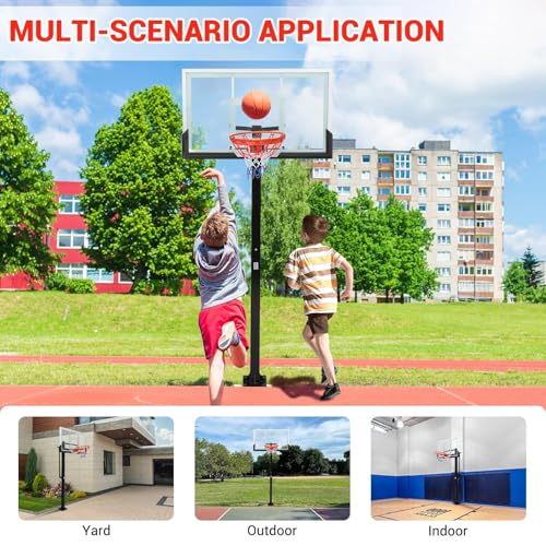Outdoor in-Ground Basketball System, 8-10Ft Quick-Adjust Height Hoop, 55" Shatterproof Tempered Glass Backboard, Heavy-Duty Stable Base for Driveway, Court, Backyard