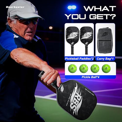 Pickleball Paddles Set of 2 or Single Option-Fiberglass or Carbon Fiber Face – Durable Solo Paddle or Complete Set with Balls & Carry Bag – Improved Spin & Precision - color: Black-Carbon Fiber Set