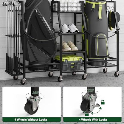 Golf Bag Storage Rack for Garage with Wheels, Holds 2 Golf Bags, Golf Club & Golf Accessories Organizer with Shelves, Accessory Baskets & Glove Holders
