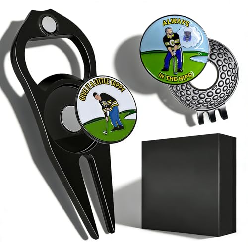 Funny Golf Divot Tool and Ball Marker with Magnetic Hat Clip set, Personalized Happy-Gilmore Golf Markers for Putting Green, Special Golf Gift in Black Box for Men Birthdays, Father’s Day, Holidays - color: Black