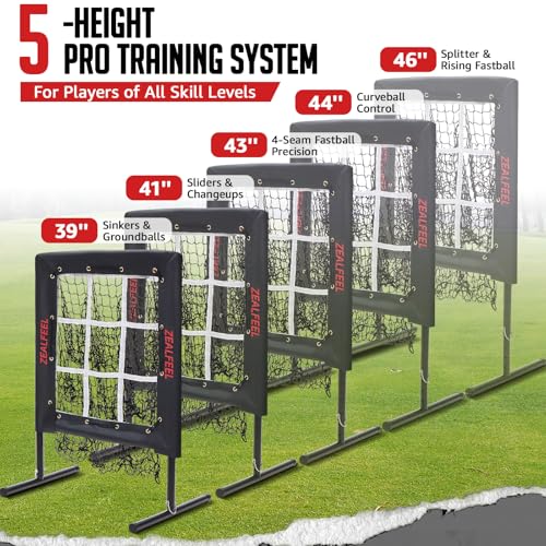 ZEALFEEL Baseball Pitching Net with 9 Hole Target & Strike Zone, 5 Height Adjustable Softball Throwing Trainer, Heavy Duty Portable Pitching Net
