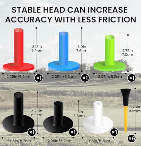 FINGER TEN Golf Rubber Tees Value 6 Pack with 6 Plastic Tees 3 1/4 Inch, Driving Range Tee Easy to Find Stable Durable for Golf Mats Turf Practice, Mixed Size 1.5" 2.25" 2.75" 3" 3.13"