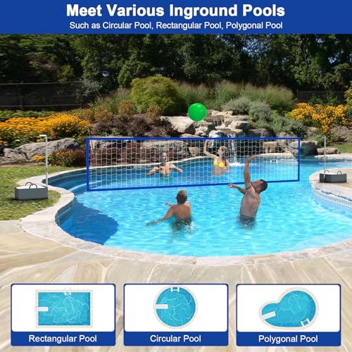 Pool Volleyball Net Set with Bright LED Lights, Solar Volleyball Net with 15-32FT Adjustable Length for Inground Pools, Water Volleyball Net with 2 Balls & Pump for Swimming Pool Party & Games