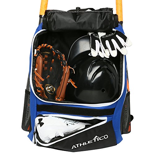 Athletico Baseball Bat Bag - Backpack for Baseball, T-Ball & Softball Equipment & Gear for Youth and Adults | Holds Bat, Helmet, Glove, & Shoes |Shoe Compartment & Fence Hook - color: Blue