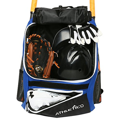Athletico Baseball Bat Bag - Backpack for Baseball, T-Ball & Softball Equipment & Gear for Youth and Adults | Holds Bat, Helmet, Glove, & Shoes |Shoe Compartment & Fence Hook - color: Blue