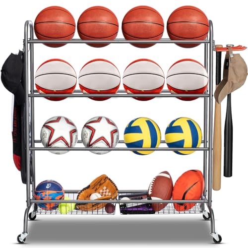 EXTCCT Basketball Rack, Rolling Basketball Shooting Training Stand,Sports Equipment Storage with Wheels, Four-Layer Organizer Holder with Two Basket for Basketballs Footballs Volleyball