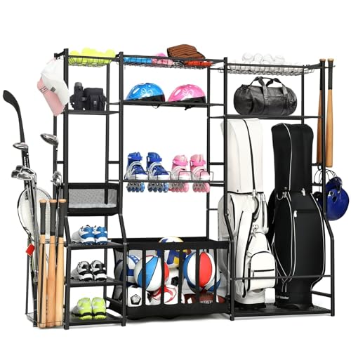 Garage Sports Equipment Organizer, Golf bag storage, Garage Ball Storage, Upgraded Sports Organizer Rack for Balls with Holder and Hooks, Indoor/Outdoor Basketball Storage Bins for Toy Sports Storage