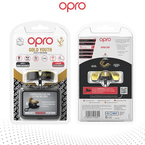 OPRO Gold Level Moldable Mouth Guard Premium Fit (Black/Gold) Adult & Kids Boxing Mouthguard for MMA & Impact Sports, Easy Self-Fit Mouth Guard for Sports, Football & Hockey - Includes Case